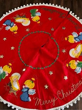 Vintage Red Embroidered Angel Christmas Tree Skirt